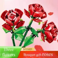 creative girl building block toys 3 bouquet roses valentines day fight inserting building block toys teachers day gift
