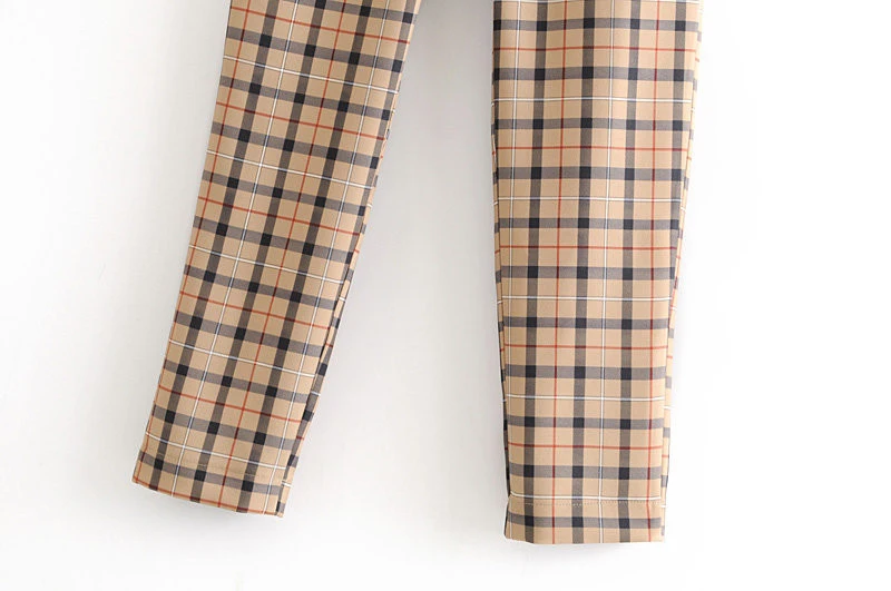 Весенние клетчатые брюки женские с высокой талией на молнии уличные прямые