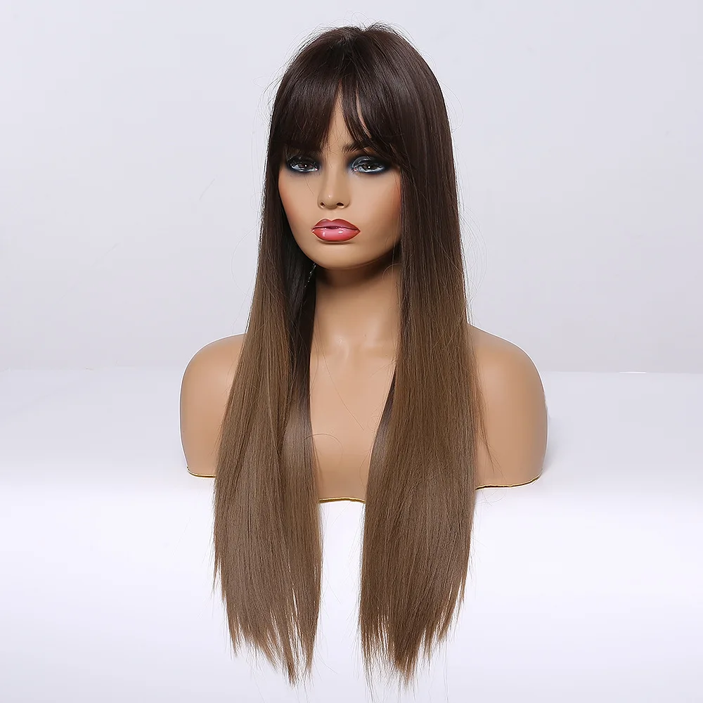EASIHAIR женские длинные прямые черные и коричневые Омбре парики с челкой