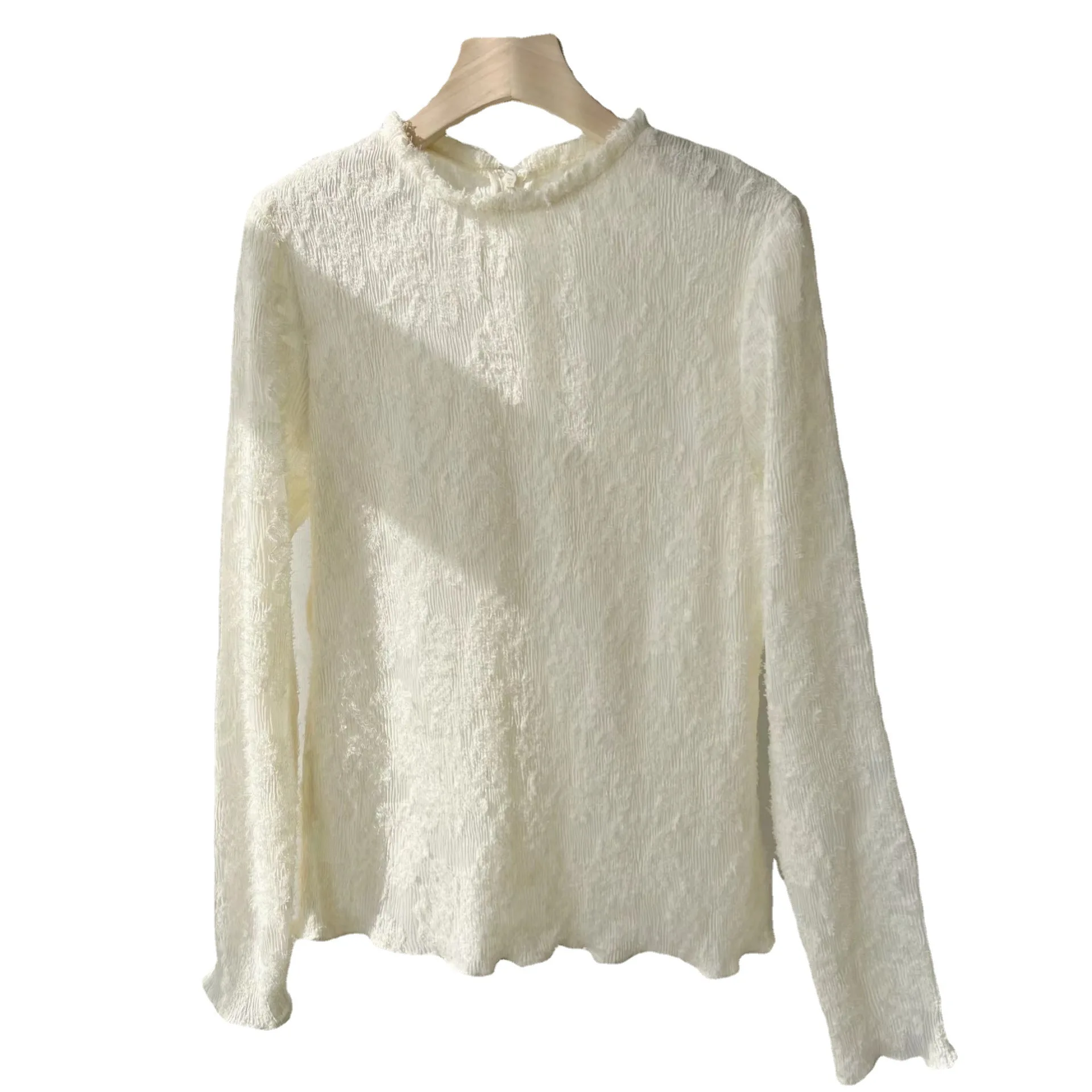 Новинка весна-осень стильная ажурная кружевная блузка с длинными рукавами