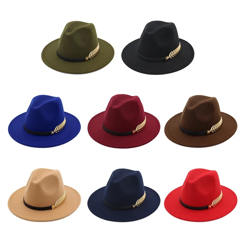 

Metal Leaf Wool Vintage GangsterFelt Hat With Wide Brim Gentleman Elegant Lady Winter Autumn Jazz Caps