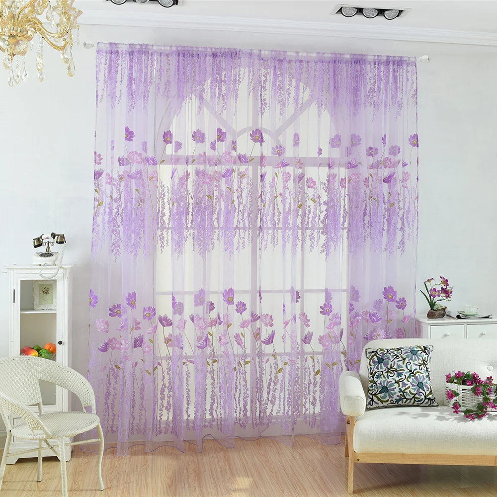 

Floral Print Tulle Sheer Curtains For Living Room Divider Window Curtain Drape Romantic Voile Curtain Home Bedroom Decor D30