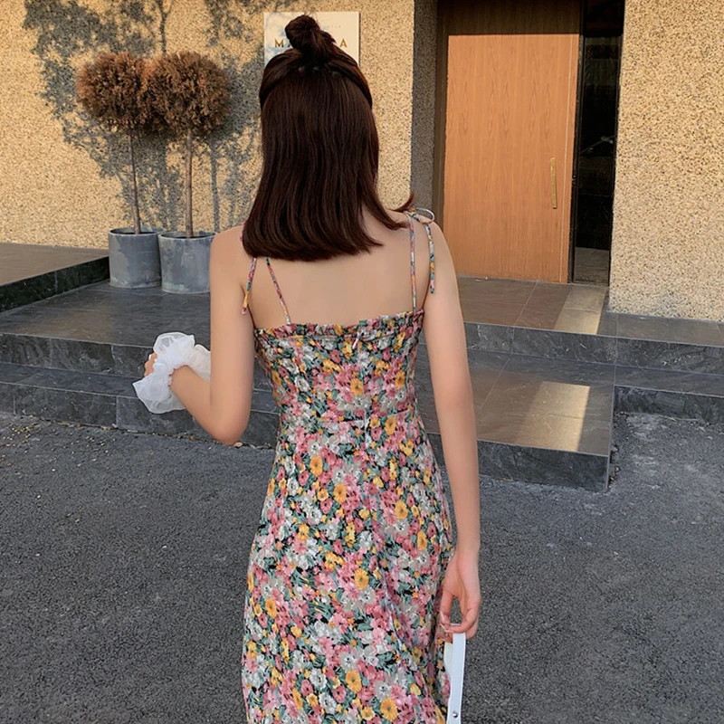 

Ins Fashion Sexy Backless Flower Print Spaghetti Strap Dress Women 2021 Summer High Waist Short Beach Style Chiffon Lady Dress