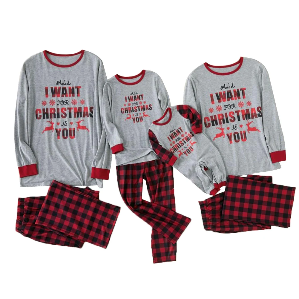 New Christmas Parent-child Outfits Pajama Long Sleeve Letter Print Pullover Plaid Trousers Baby Romper Family Matching | Мать и ребенок