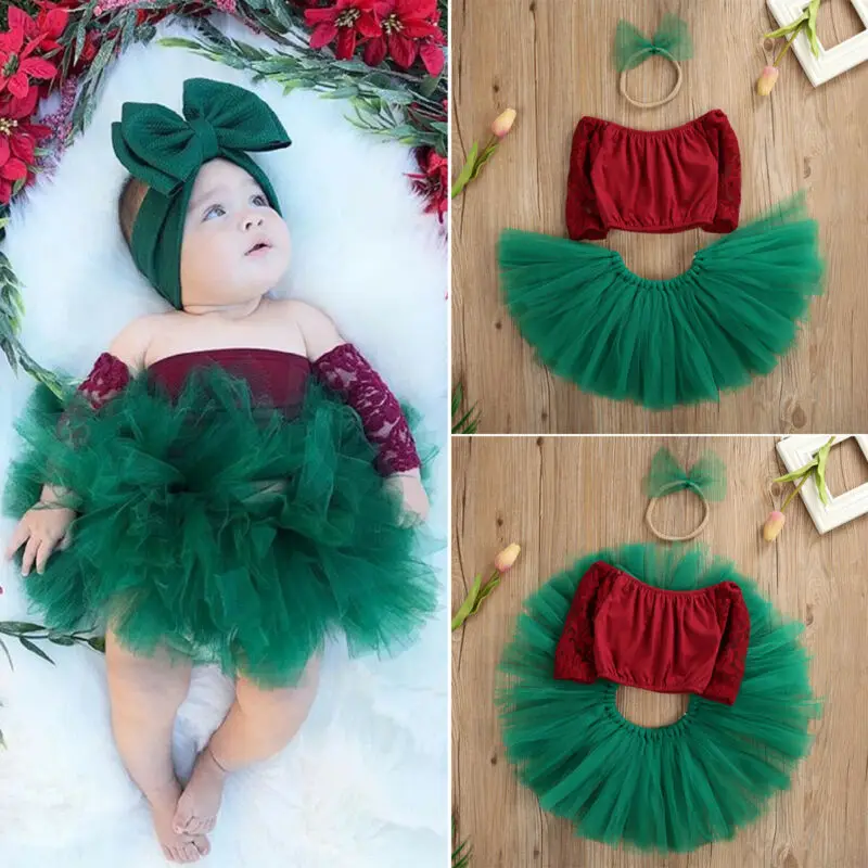

Fashion Xmas Outfit Infant Baby Girls Princess Christmas Clothes Lace Patchwork Top+Tutu Skirt + Lovely Bowknot