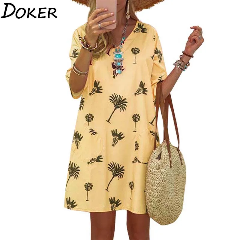 Летние винтажные повседневные платья с принтом для женщин большие размеры мини