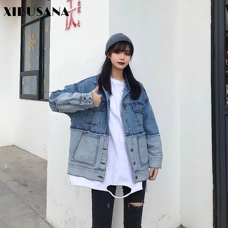 

XIBUSANA Denim Jacket for Women's 2020 Autumn New Hip Hop Spliced Long Sleeve Turn-down Collar Single Breasted Jeans Coat Female