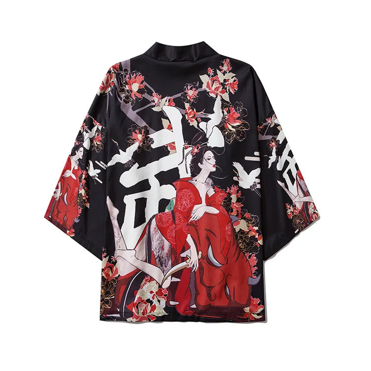 

Кимоно в японском стиле Харадзюку для мужчин и женщин, модная рубашка-кардиган с принтом, хаори Оби, азиатская одежда, кимоно самурая, 17 видо...