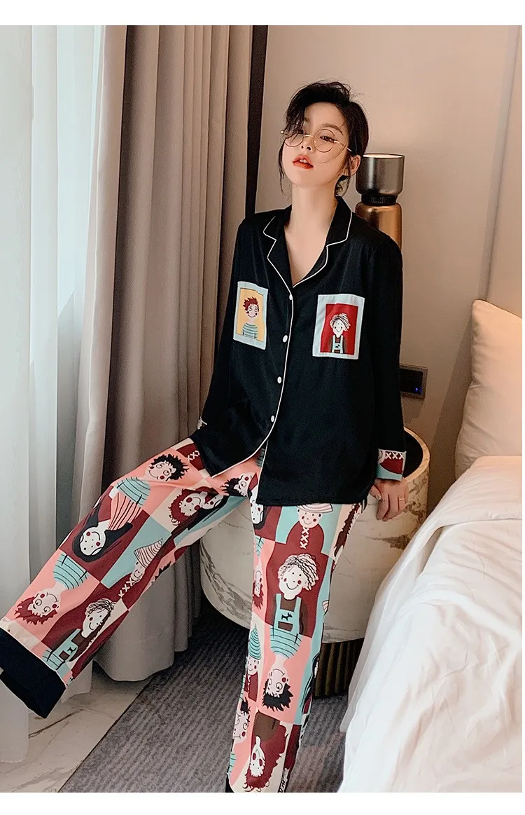

2pcs New Rayon Cartoon Pajamas Suit Female Chinese Face Makeup Spring Summer Thin Fresh Long Trousers Net Red Home Service