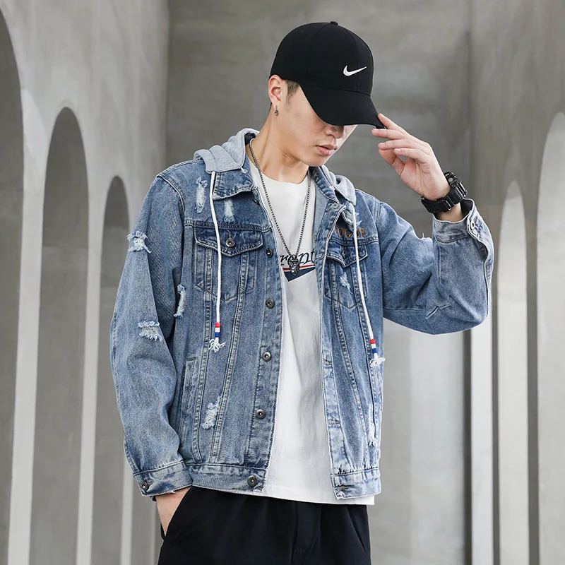 

Men's Jackets 2021 Seasons Can Wear The New All-match Men's Denim Jacket Trend Embroidery Hole Loose Hooded Jacket Men's Jacket