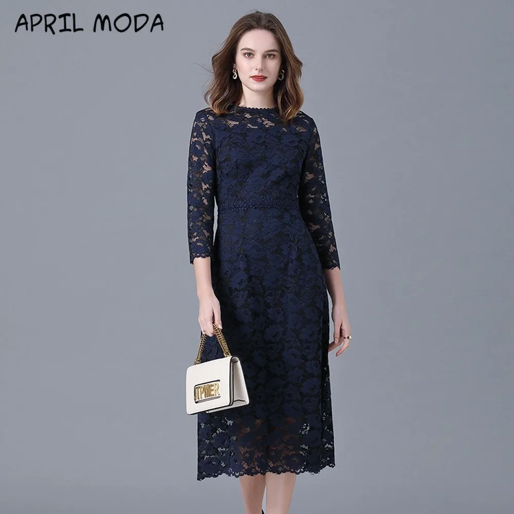 

2021 New Vintage Spring Summer Womens Female Slim Navy Lace Hollow Out Dress Women Clothes Elegant 4xl Dresses For Woman