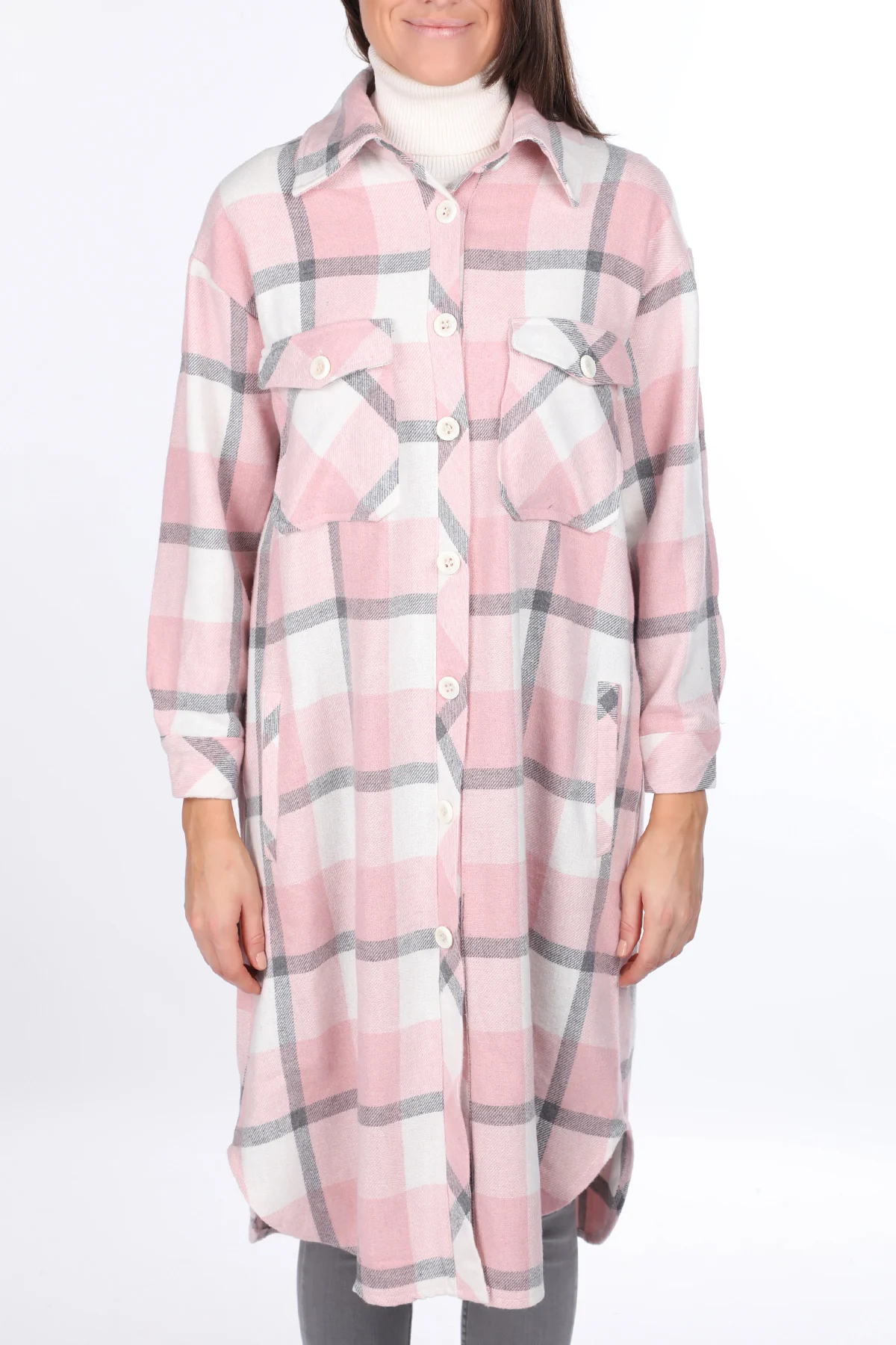 

Plaid Oversize Long Pink Women Shirt Jacket