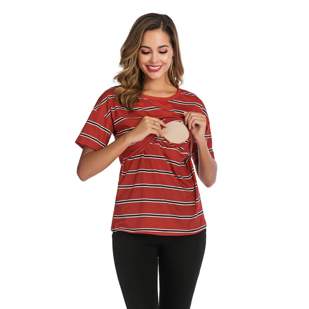

Summer Casual Maternity Tee Clothes Short Sleeve Striped Nursing T-shirts with Breastfeeding O-neck Pregnant Top Clothing