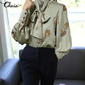 Женский Длинный фонарь рукав блузки Celmia, элегантная обувь, украшенная бантиком, рубашки для мальчиков с принтом в виде тигра вечерние топы 2021 на осень зиму Высокий воротник топ размера плюс 7