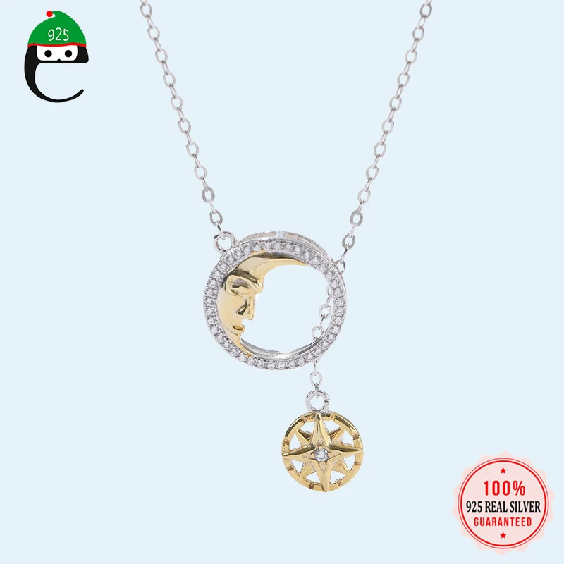 

ElfoPlataSi Genuine 925 Sterling Silver Minimalist Sun Moon CZ Pendant Short Necklace For Women Wedding Jewelry Gift DS1703