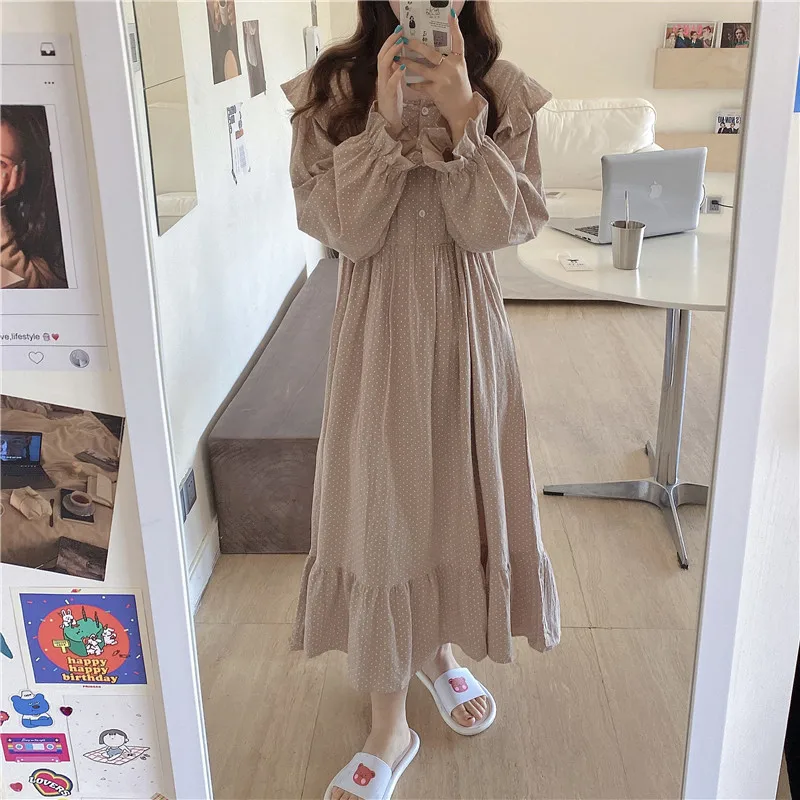 

100% Cotton Nightgowns Women Homewear Dress Ruffles Long Sleeve Polka Dot Home Clothes Loose Soft Female Nightdress Korea Y219