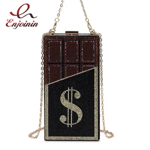 Shiny Diamonds Money Evening Clutch Bags Chocolate Design Shoulder Bag Purse for Women New Elegant Small Square Dollar Chain Bag
