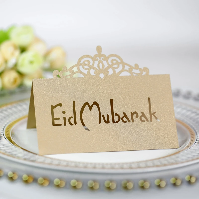 

Q0KF 100Pcs 3D Floral Crown Eid Mubarak Table Card Ramadan Kareem Hollow Out Letters Paper Placecard Muslim Party Decoration