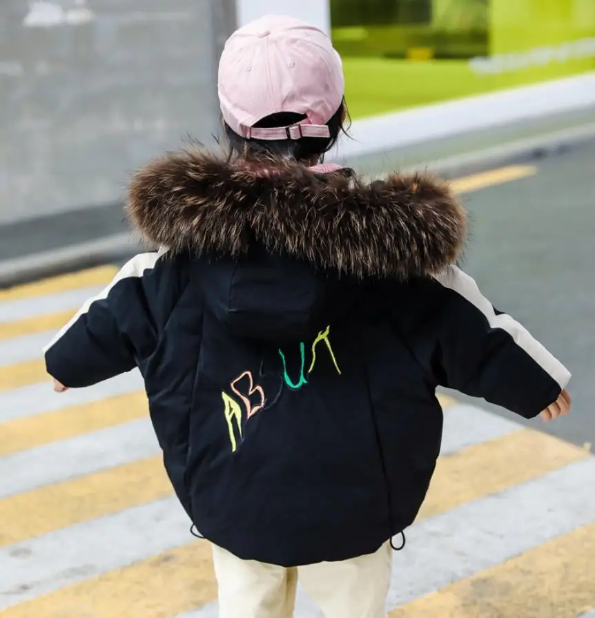 

Girls big real fur collar down jackets 2019 winer new back letter print whiter duck down coats children outerwear kids ws1217