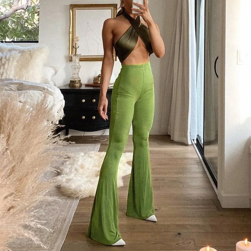 

Skinny Women's Flare Pants High Waist Female Fashion 2021New Hit Vintage Green Long Bodycon Fitness Trouser Harajuku Capris