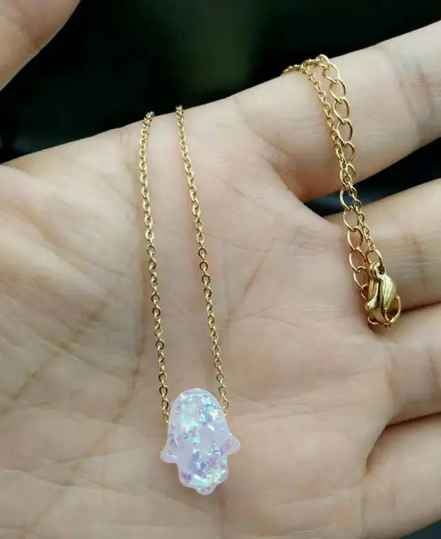 light pink AKOLION Фатима хамса ручной работы опал ожерелье для женщин подвеска с амулетом Хамса ювелирные изделия еврейский турецкий Израиль 10 шт./лот - Окраска металла: light pink