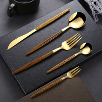 30pcs stainless steel dinner gold imitation wooden handle dinnerware knife coffee spoon fork cutlery set tableware silverware