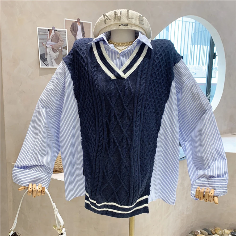 

2022 autumn new Korean design sense knitting stitching long-sleeved striped shirt female fake two-piece tops