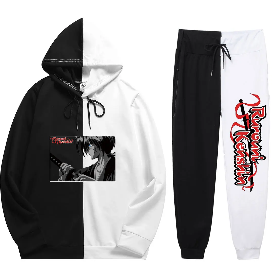 

2021 Summer Man 2 Pieces Sets Anime Rurouni Kenshin Harajuku Print Popular Comfortable Patchwork Thin Hoodie+Patchwork Pants