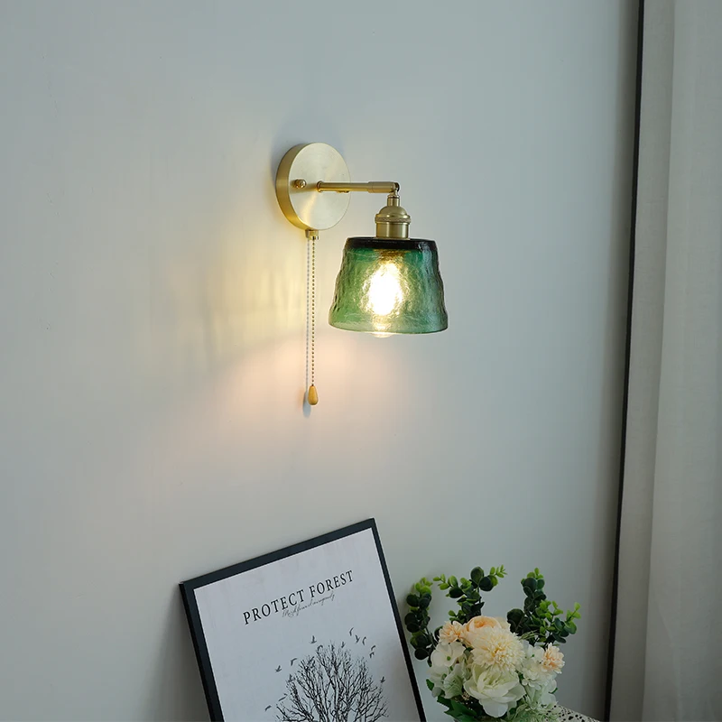 Retro Nordic Japanese Bedside Brass Wall Lamp Night Lights Simple Bathroom Painting Glass Mirror Headlights Glass LED Wall Lamp
