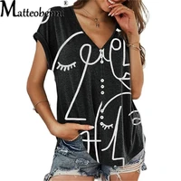 2021 summer new fashion casual loose v neck one breasted sketch print short sleeved t shirt plus size pullover women clothing