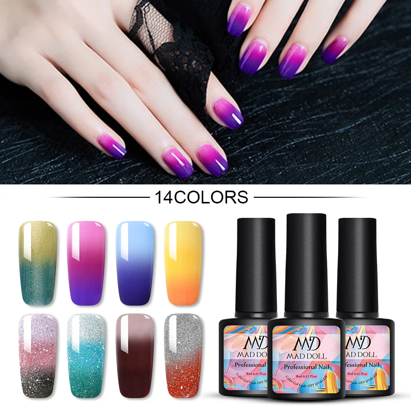 Термальный гель для ногтей MAD DOLL меняющий цвет блестки отмачиваемый УФ лак