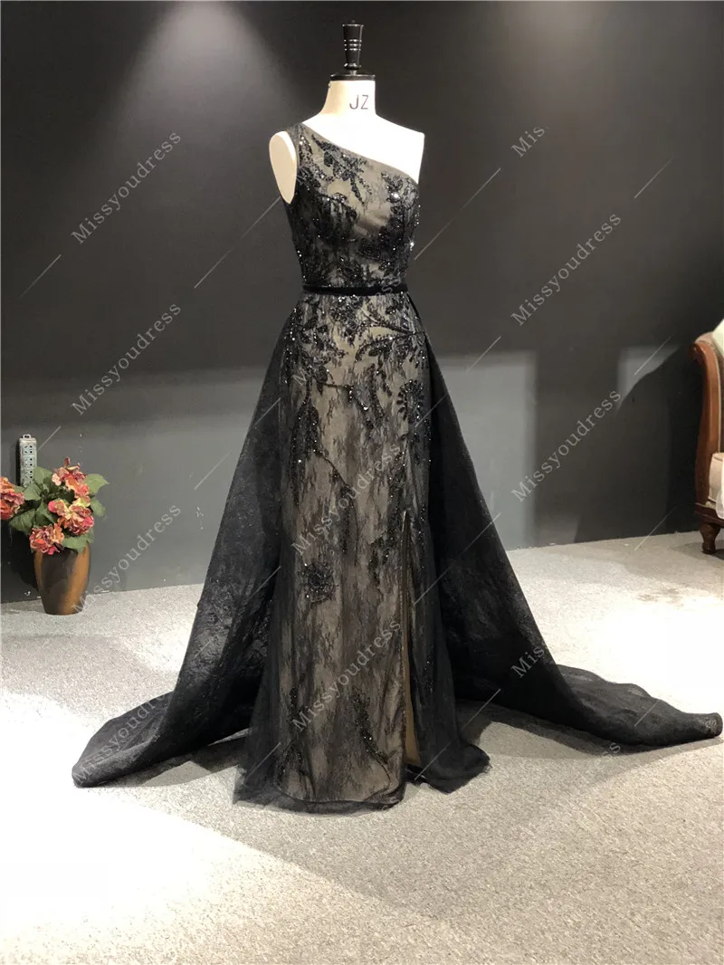 Vestidos de fiesta 2021 Real Sample Black One Shoulder Sleeveless Mermaid Open fork Formal Party Prom Bridal Women Evening Dress