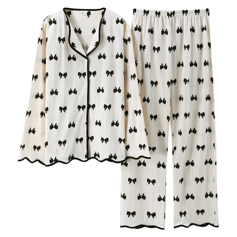 

Хлопковый пижамный комплект с бантом для женщин, Весенняя пижама с длинным рукавом и V-образным вырезом, кардиган, пижама, Женская домашняя о...