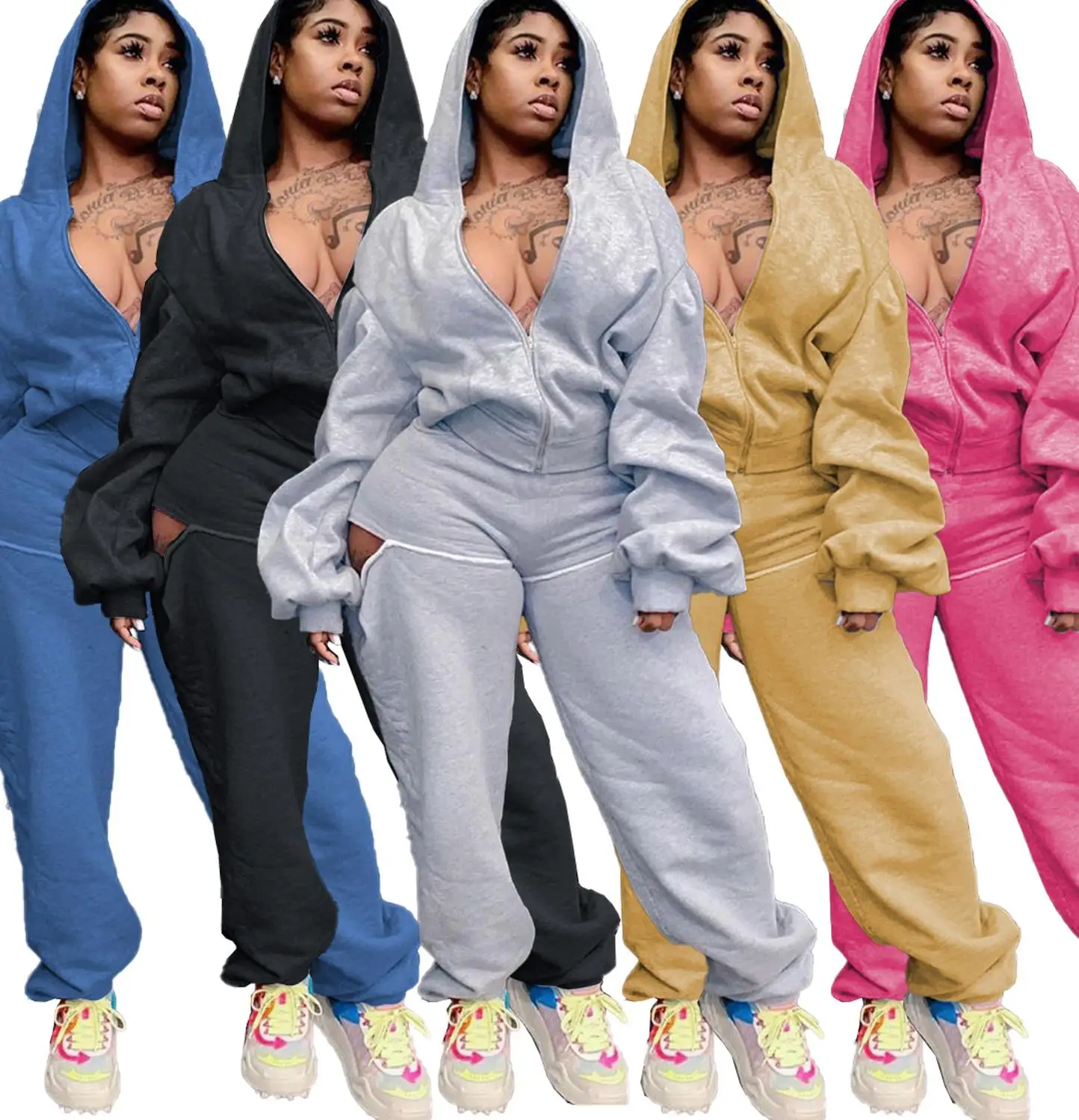 

Fall Winter Clothes For Women Joggers 2 Piece Set Zipper Long Sleeve Coats Jacket High Waist Hole Pants Trousers Track Suit