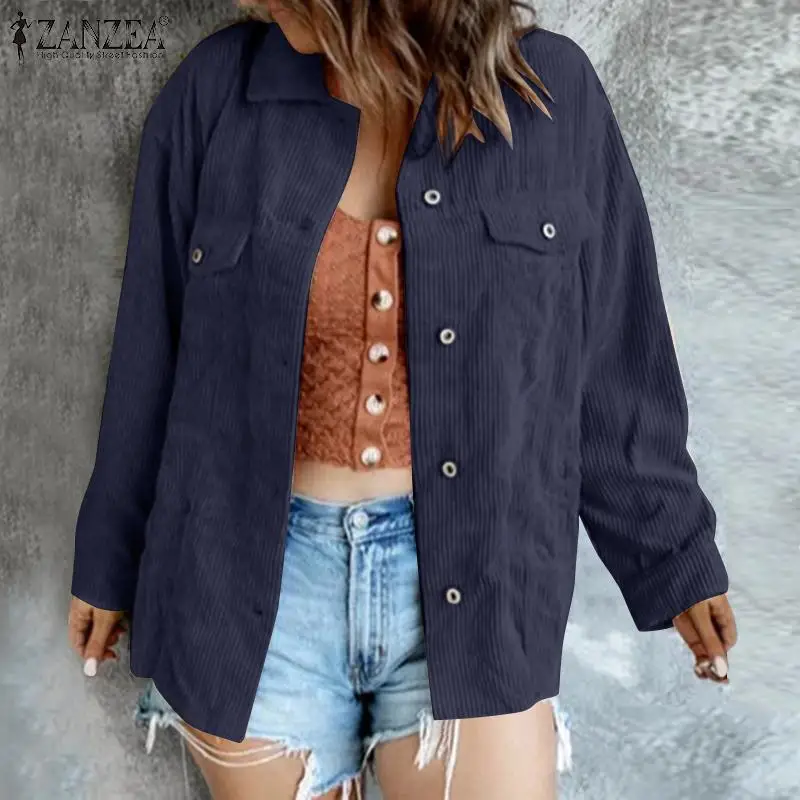 

Осенняя винтажная однотонная Вельветовая рубашка ZANZEA с длинным рукавом, женская блузка, Модные свободные повседневные топы с воротником с ...