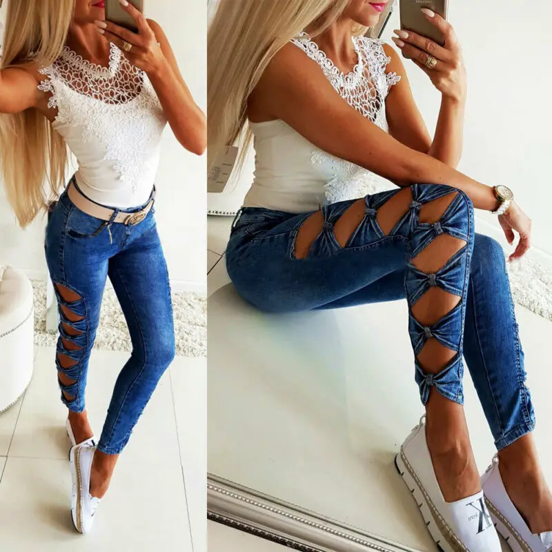 Женские джинсовые узкие хлопковые обтягивающие рваные женские длинные штаны с
