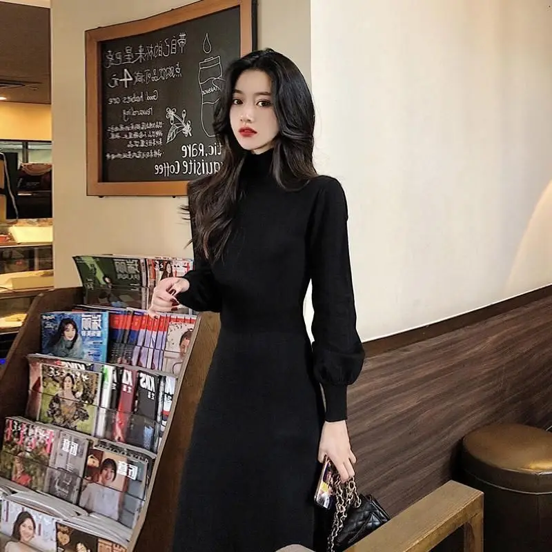 

Женское платье-свитер 2021 модные теплые осенне-зимние сапоги с высоким, плотно облегающим шею воротником с длинными рукавами и оборками вече...