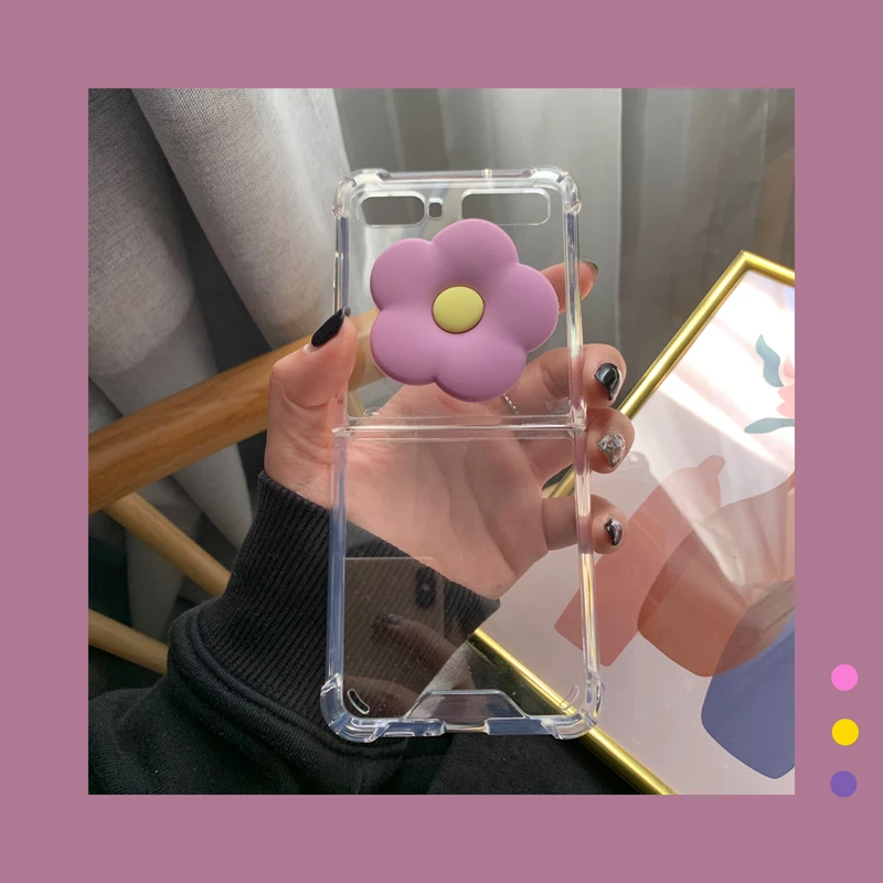 

Fashion Cute DIY 3D Flower Folding Bracket Stand Holder Case Cover For Samsung Galaxy Z Flip 5G 4G 3 Shockproof Transparent Case