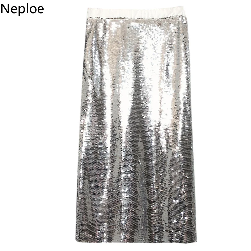 Neploe, весна-лето, Новое поступление, сетчатая Лоскутная юбка, однотонная, расшитая блестками, с высокой талией, Корейская юбка до середины икры, 43031