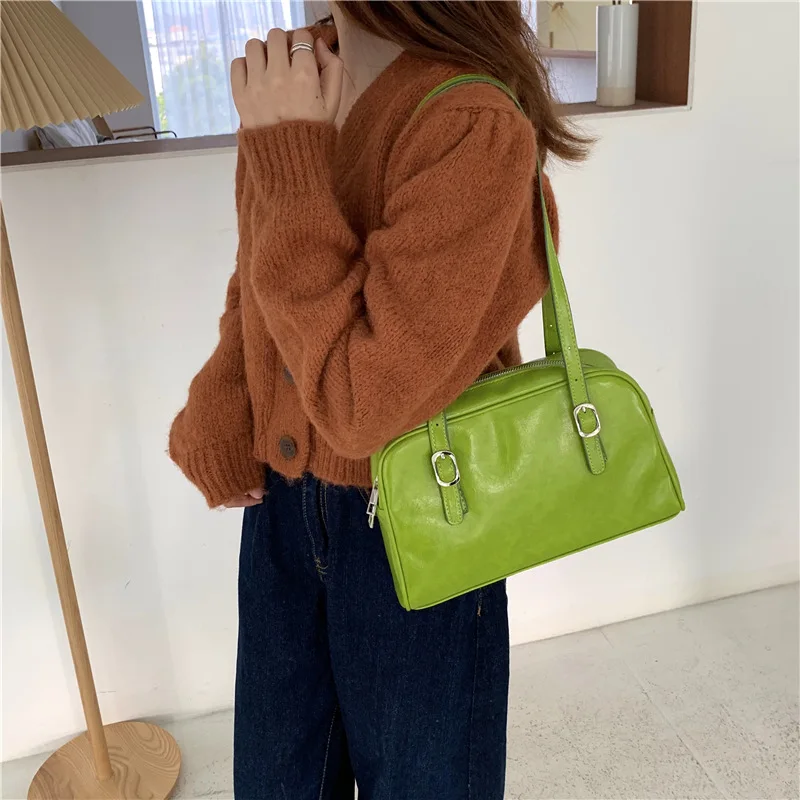 

2021 Fashion Green Leather Women Shoulder Bags Simple Design Solid Color Ladies Tote Handbags Vintage Black Female Underarm Bag