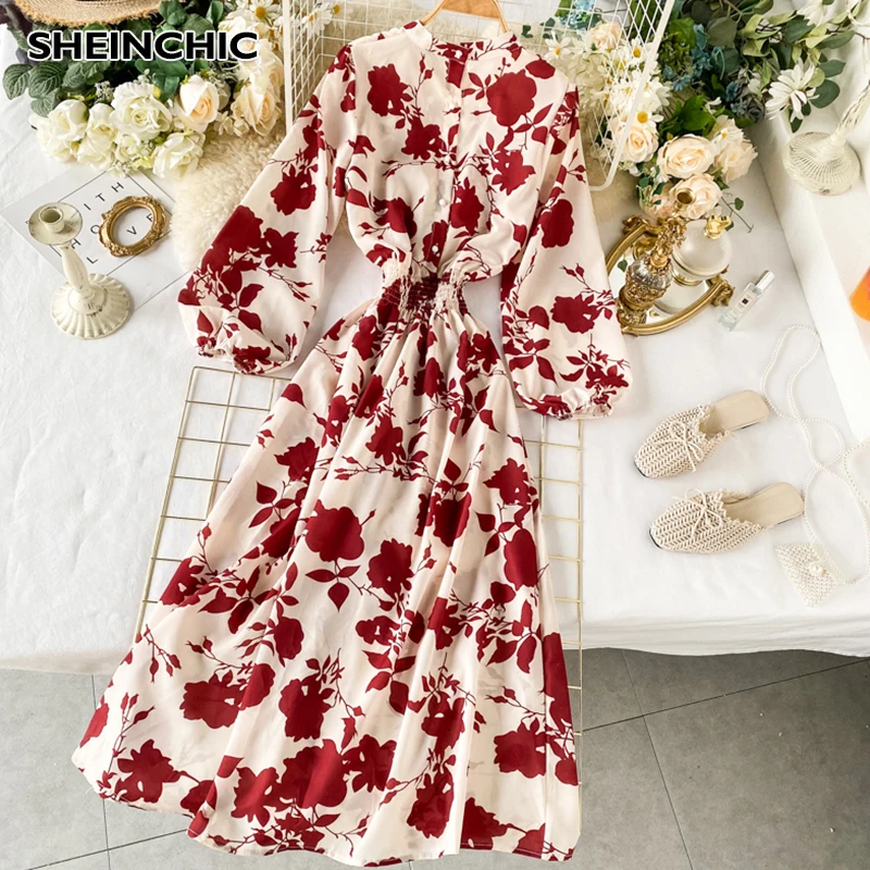 Женское длинное платье с цветочным принтом винтажное макси длинным рукавом и