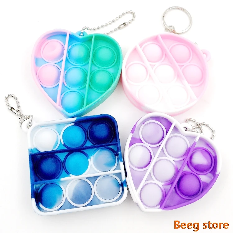 rainbow mini heart round square pops bubble its keychain simple dimple fidget keyfob trinket for women men fashion trendy charm