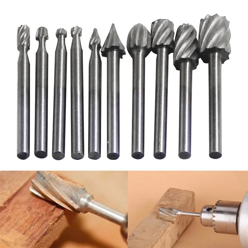 

10pcs 1/8 HSS Routing Router Drill Bits Set HSS Rotary Burrs Tools Wood Stone Metal Root Carving Milling Cutter