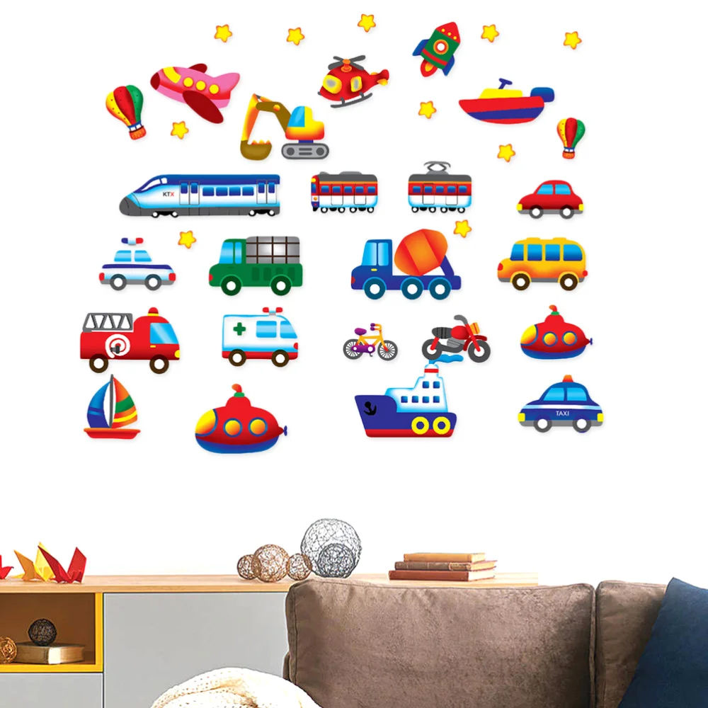 

Cartoon Car Aircraft Ferry Wall Stickers for Kids Room Bedroom Nursery Home Decor Vinyl Removable Art Mural DIY Wall Decals