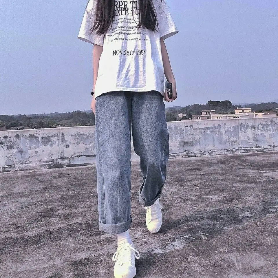 

Boyfriend Jeans Women Summer Denim Solid High Waist Loose Casual Straight Korean Lady Trouser Vintage Harem Long Pant
