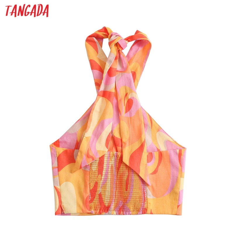 

Tangada Women Flowers Halter Camis Crop Top Sleeveless Backless Short Blouses Shirts Female Casual Tops AB26