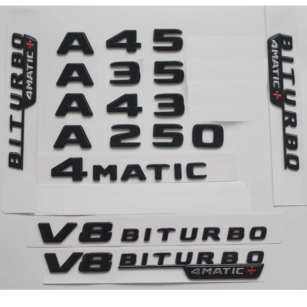 

Gloss Black Letters for Mercedes Benz W176 W177 A35 A45 A45s AMG A180 A200 A220 A250 A280 Emblem TURBO 4MATIC 4MATIC+ Emblems