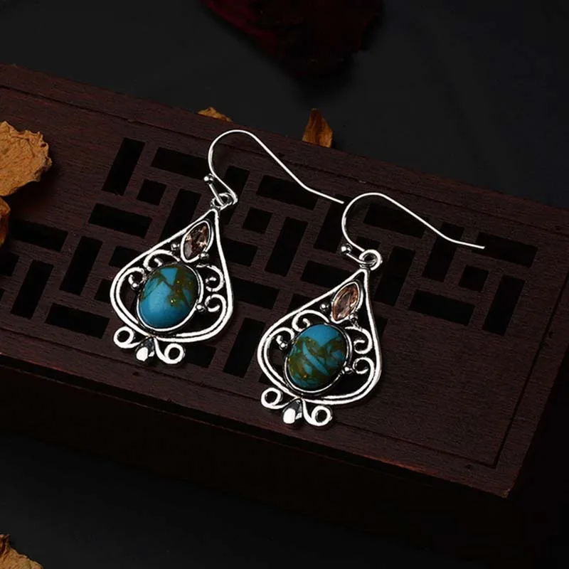 Boho Синтетическая синий камень Для женщин небольшой Длинные Висячие серьги, серьги в виде капли Винтаж индийские украшения античное серебро Цвет DBE038