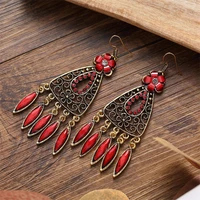 bohemian style gold alloy earrings long pendant hollow flower rhinestone tassel pendant earring for women party jewelry gift
