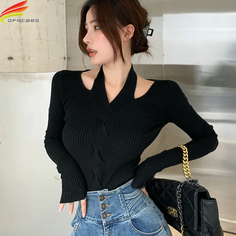 

New 2021 Autumn Winter Sweater Women Off Shoulder Rib Cotton Knit Top Korean Fashion Style Khaki White Or Black Twist Pull Femme